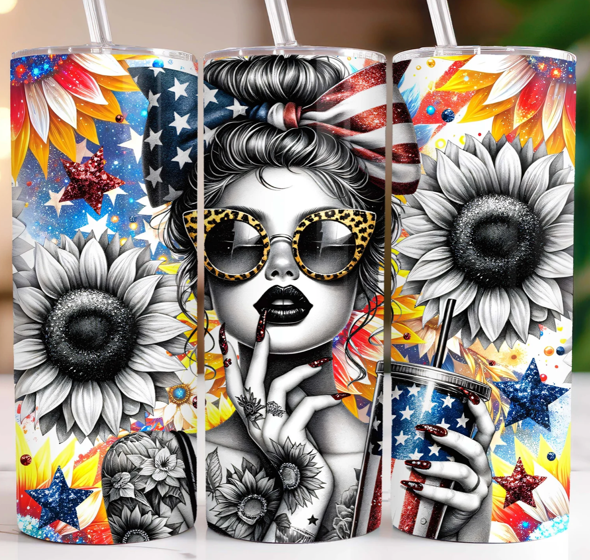 Floral USA Girl w/ Glasses Tumbler