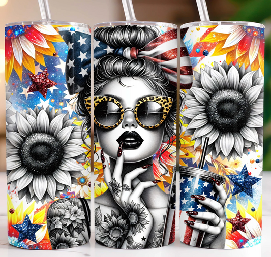 Floral USA Girl w/ Glasses Tumbler