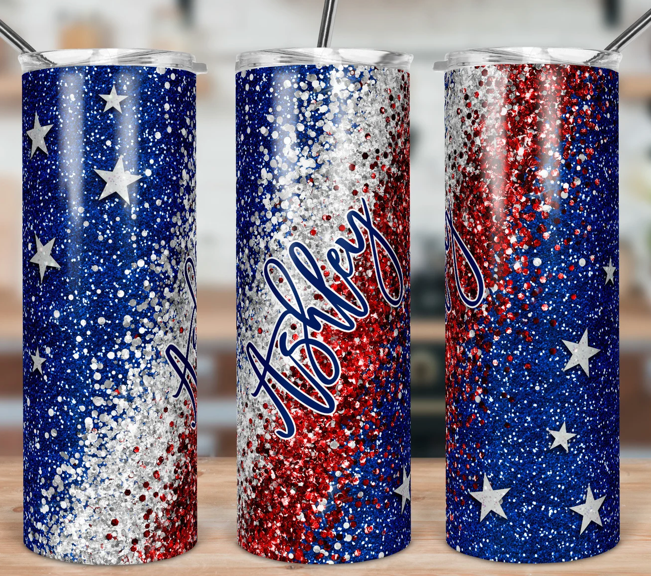 Red White & Blue Glitter Tumbler with Name